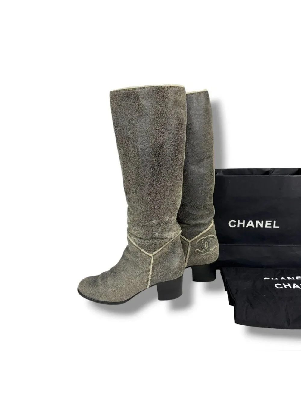 Chanel One Point CC Logo Shearling Long Boots Knee Length Gray 37c